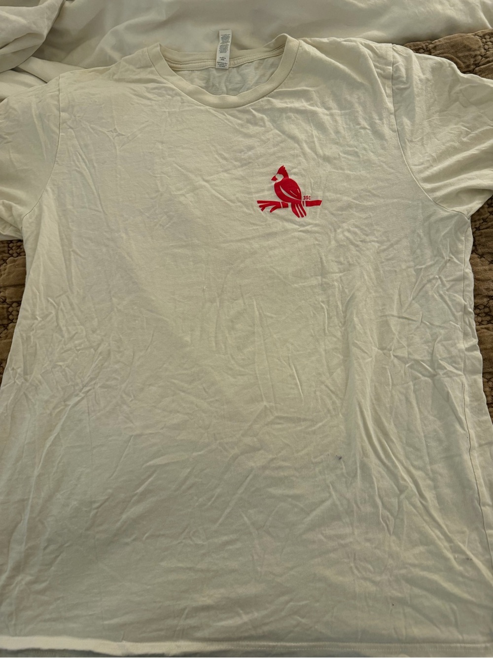 Three Ships White Crew Neck T-Shirt with Red Cardinal Graphic